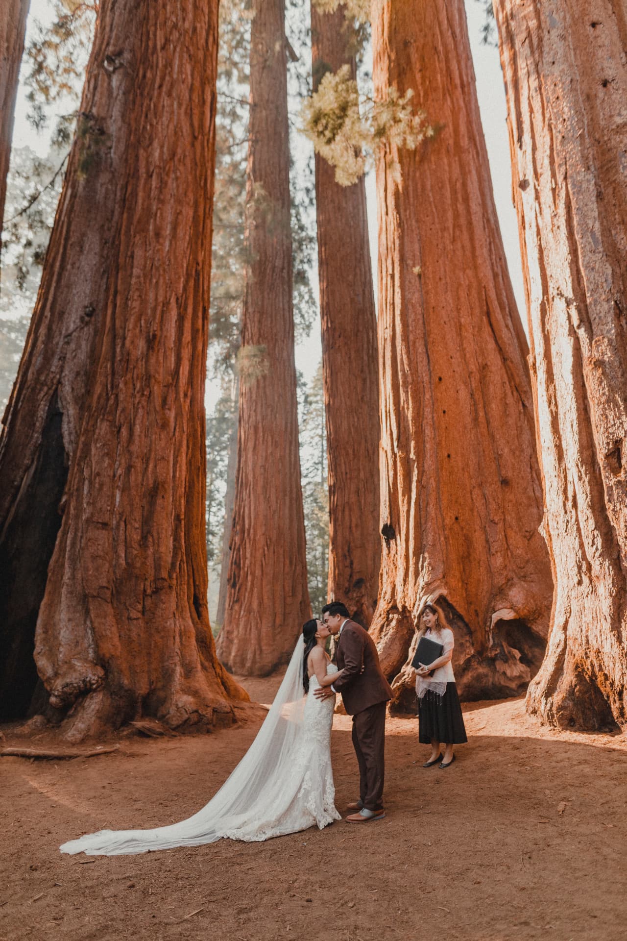 Ellie and Drew sharing a kiss at their Sequoia National Park wedding, surrounded by giant sequoias